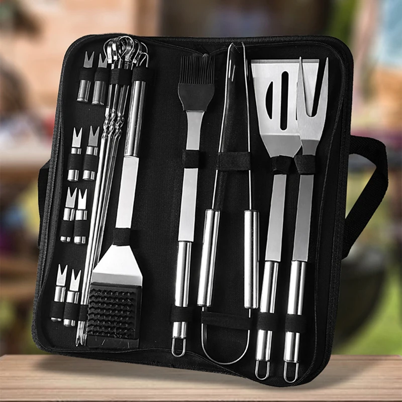 

Kitchen Accessories Camping Supplies Stainless Steel BBQ Tools Set Spatula Sork Tongs Knife Brush Skewers Barbecue Outdoor Tool