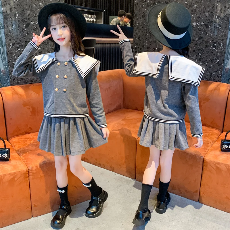 

Комплект школьной одежды для девочек, весенний официальный хлопковый топ + плиссированная юбка, Детская форма в японском стиле, костюм для д...