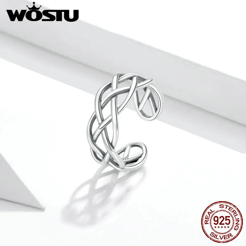 

WOSTU New 925 Sterling Silver Woven Texture Ring Open Adjustable Finger Rings for Women Statement Wedding Jewelry DXR675