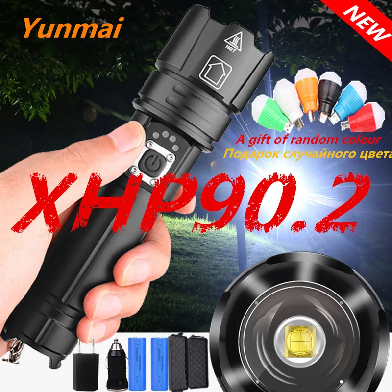 

Мощная светодиодная вспышка XHP90.2, тактический светильник онарь с аккумулятором 2020 лм, с зумом 18650 и зарядкой от USB, подарок, 18650