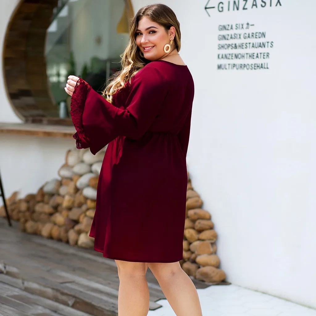 Женские Большие размеры Sexy сексуальные однотонные цветные ленты кружева сшивание Гофрированные Рукава Мини платье трапециевидной формы платье Z4