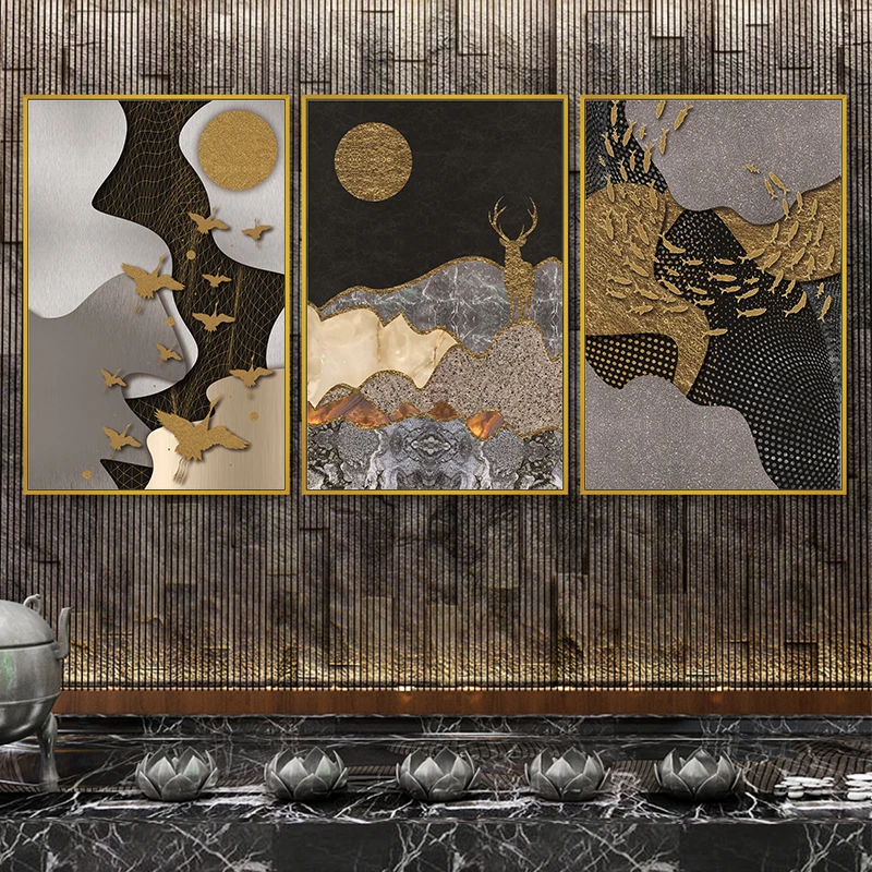 Абстрактная графика картины с оленем и рыбой постеры в скандинавском стиле