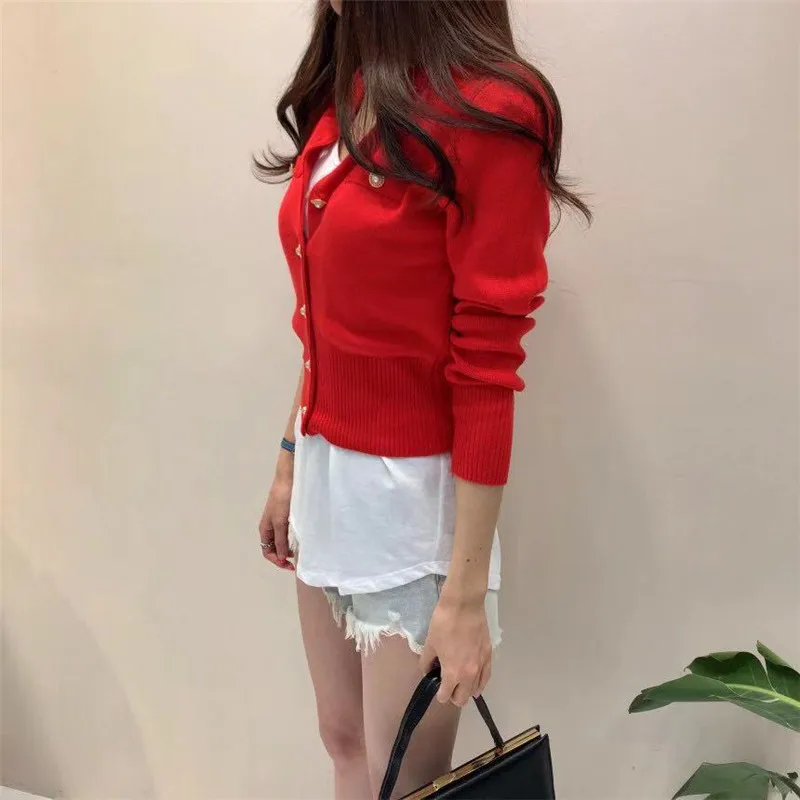 

Autumn Women Knitted Long Sleeve Cropped Buttons Slim Cardigan Sweaters Female Soild Single-breasted O Neck Sweater Tops