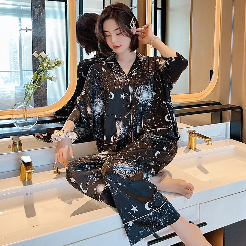 

Women's Pajamas Spring And Summer New Suits Moon Fantasy Universe Starry Sky Simulation Tailoring Pajamas Lapel Pants