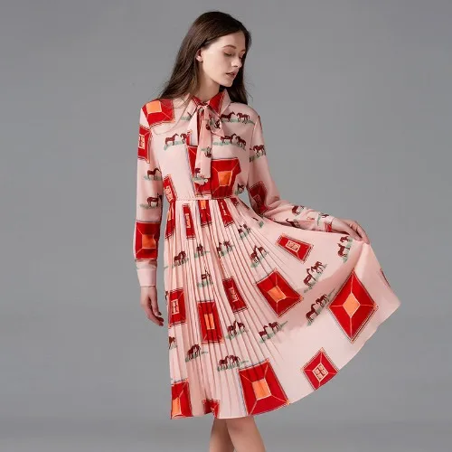 

Summer High Quality Runway Women Print Dress Elegant Fashion Vintage Lapel Shirt Dresses Ladies Full Sleeve Pleated Dress Femme