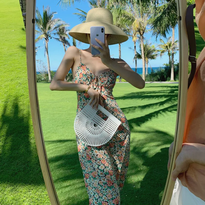 

2021 New Spring and Autumn Fashion Retro Small Floral Sexy Sling Dress Beach Skirt Clothing for Women Cottagecore Dress
