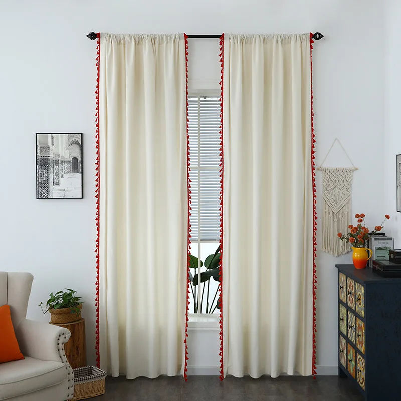 

White Curtain with Red Tassel Cotton Linen Curtain for Living Room Simple Semi-shading Curtain Flat Window Bedroom Curtain