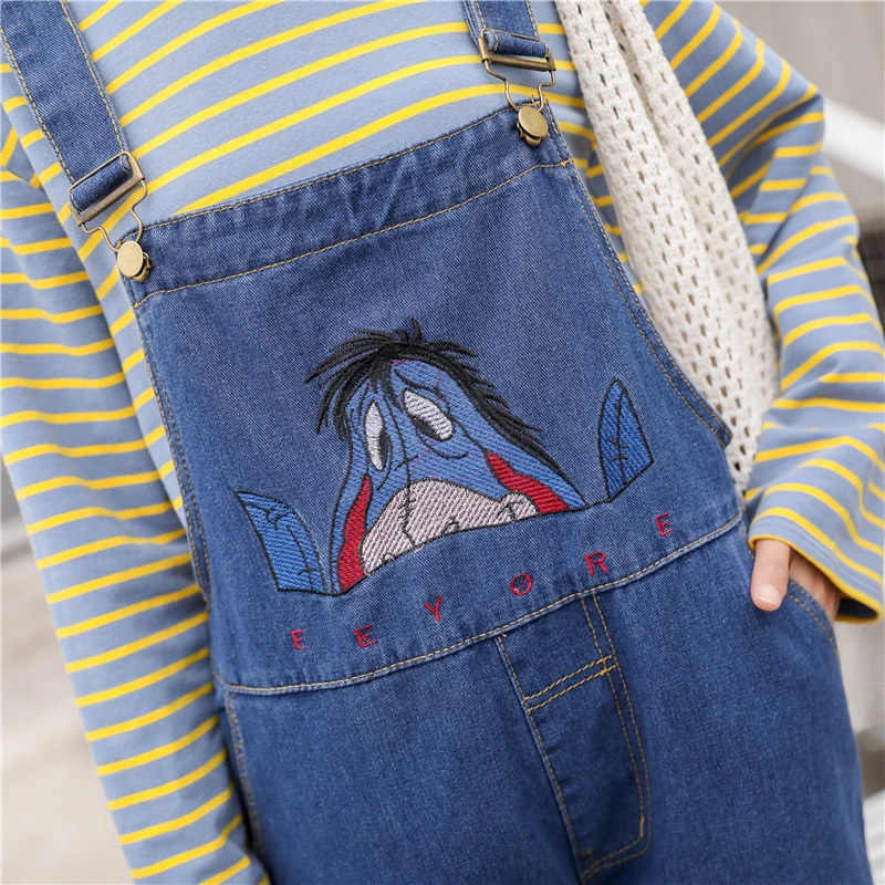 Женские джинсовые комбинезоны Eeyore с вышивкой из мультфильма весна 2019 Свободный