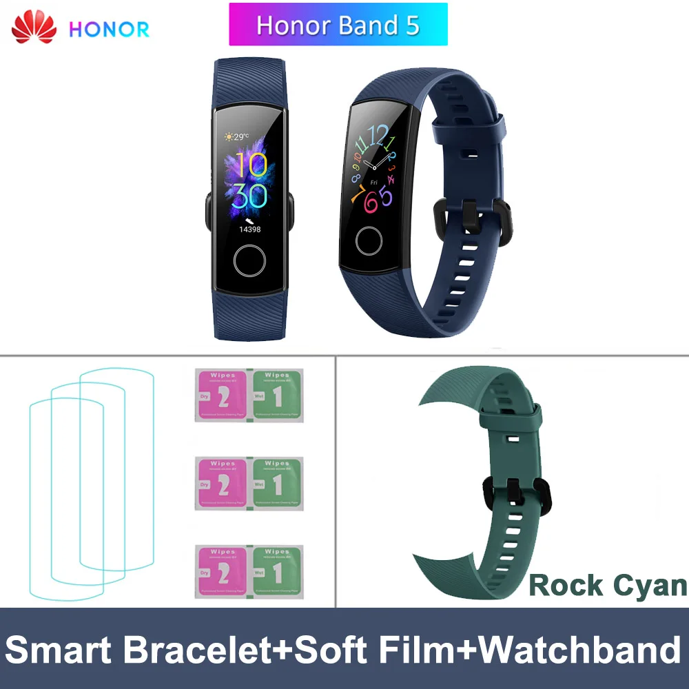 Blue Rock Cyan Strap HONOR Band 5 фитнес умный Браслет мониторинг сердечного ритма 5 АТМ водонепроницаемый плавающий Bluetooth 4,2 смарт часы наручные часы - Цвет: Blue Rock Cyan Strap