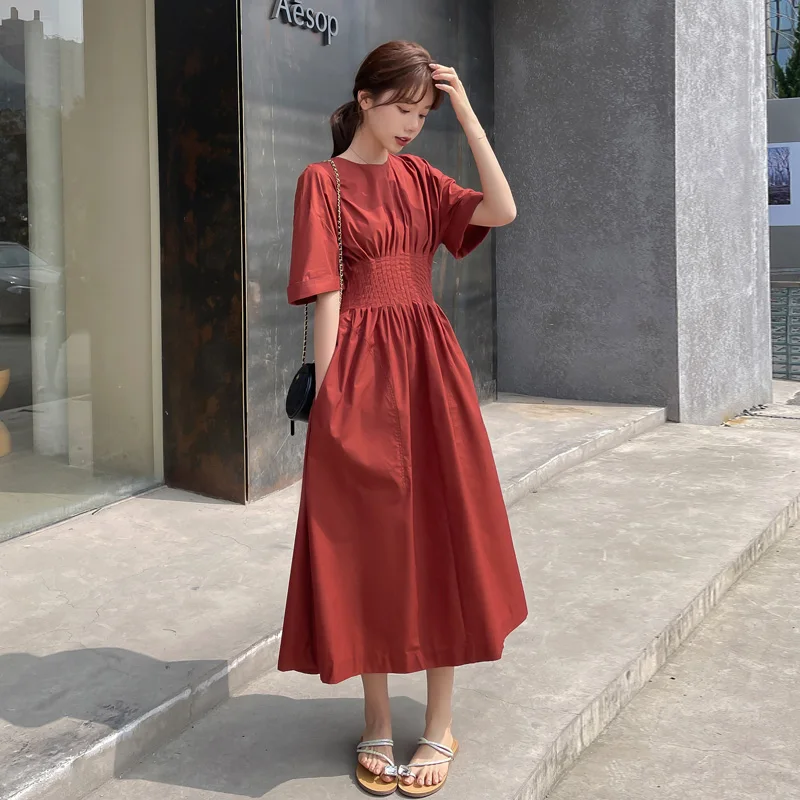 

BPP Solid Dress Women's High Waist Shows Thin Temperament Tea Break Dress French Retro A-line Skirt Knee-length Skirt Summer
