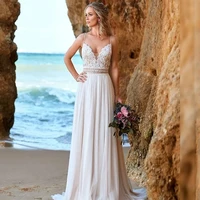 bohemian wedding dresses robe de marie 2021 spaghetti straps v neck lace appliques backless sweep train beach bridal gowns