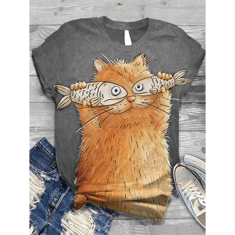 Женская футболка с принтом мультяшного кота Повседневная Базовая рубашка