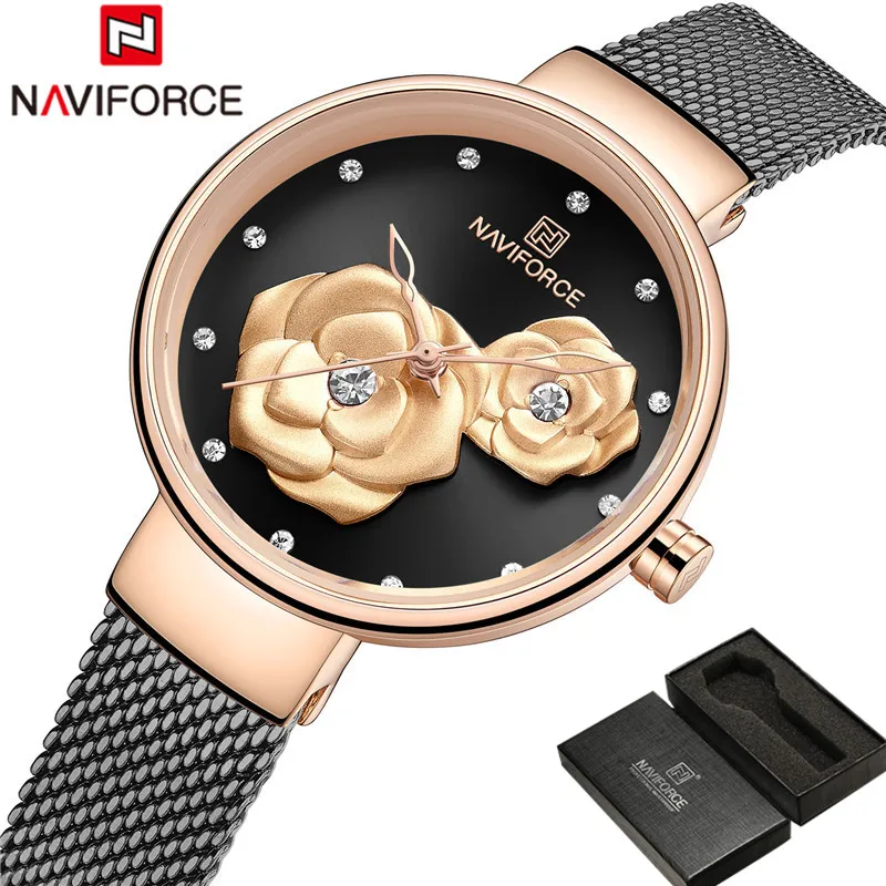 NAVIFORCE Women Watch Top Brand Luxury Black Rose Gold Ladies Wristwatch Mesh Stainless Steel Bracelet Flower Female Clock 5013 | Наручные