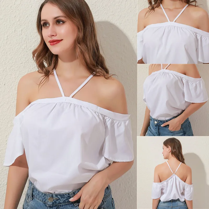 

Women 2021 Summer Off Shoulder Halter Blouse Shirts Sexy Backless Solid Color Tops Ladies Elegant Short Sleeve Shirt Blusas 2XL