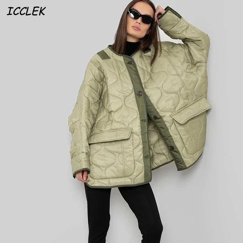 

Women's Winter Jackets Armygreen Cotton Padded Parka Patchwork Quilted Coats Big Pocket Oversized Down Parkas Female 2021 Autumn