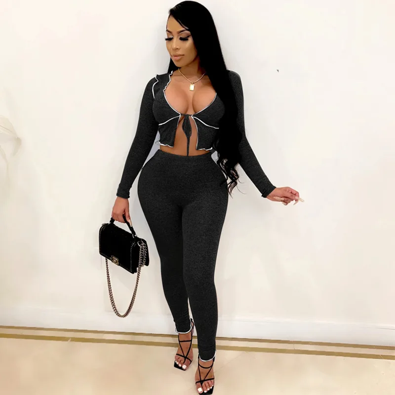 

Women Outfits Long Sleeve Bandage Crop Top + Pants 2 Piece Set Summer Spring Streetwear Club Sexy Matching Suits Female Clothes