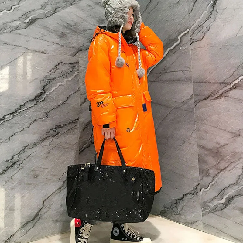 Женский Длинный блестящий пуховик 90% белого утиного пуха верхняя одежда с