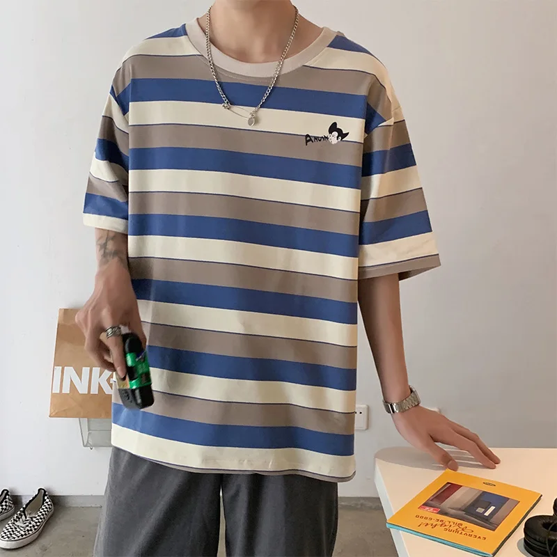 

Summer High Quality Men's Short-Sleeved T-Shirt Hip-Hop All-Match Stripe British Style Cool Teen Clothes Oversize Funny Base Top