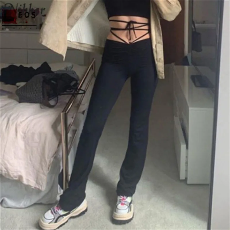 

Bandage Women Straight Pants High Waist Slim Trousers Solid Stripe Sexy Punk Streetwear Pants Casual Female Long Trousers