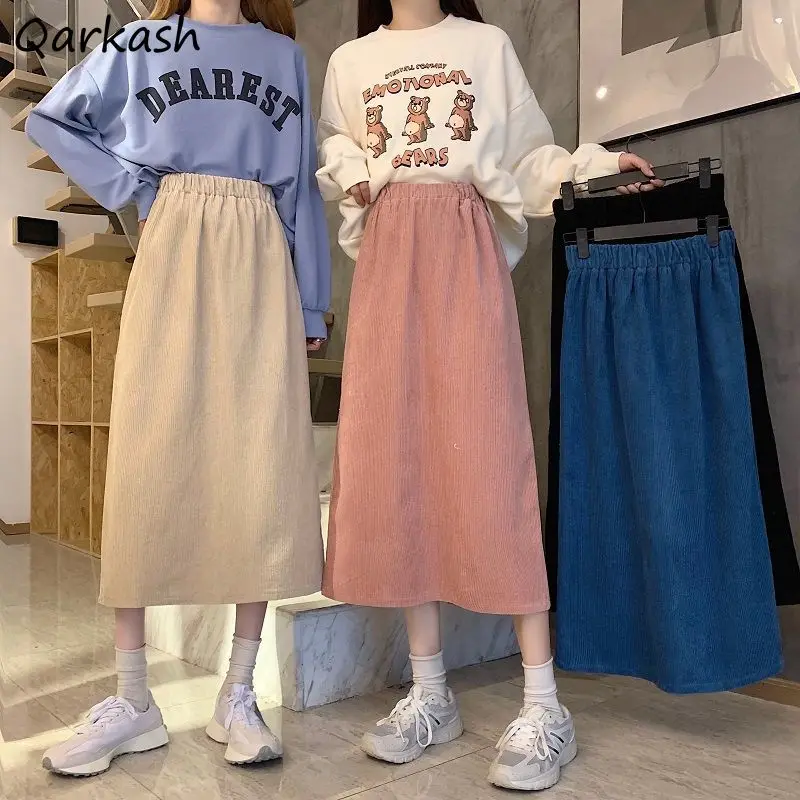 

Corduroy Skirts Women Solid Elastic Waist Hipster Retro Soft Back-slit Midi Teenagers Gentle Korean Style Females Autumn A-line