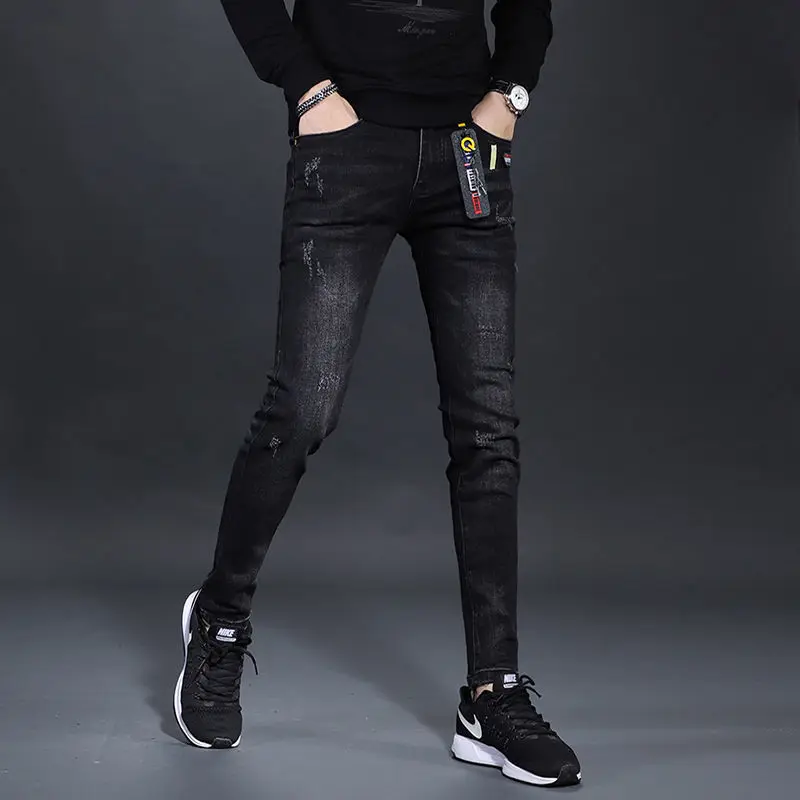 Korea Version Men’s Noble Black Jeans, High Quality Slim Stretch Jeans,Light Luxury Casual Jeans,Sexy Stylish Street Jeans;