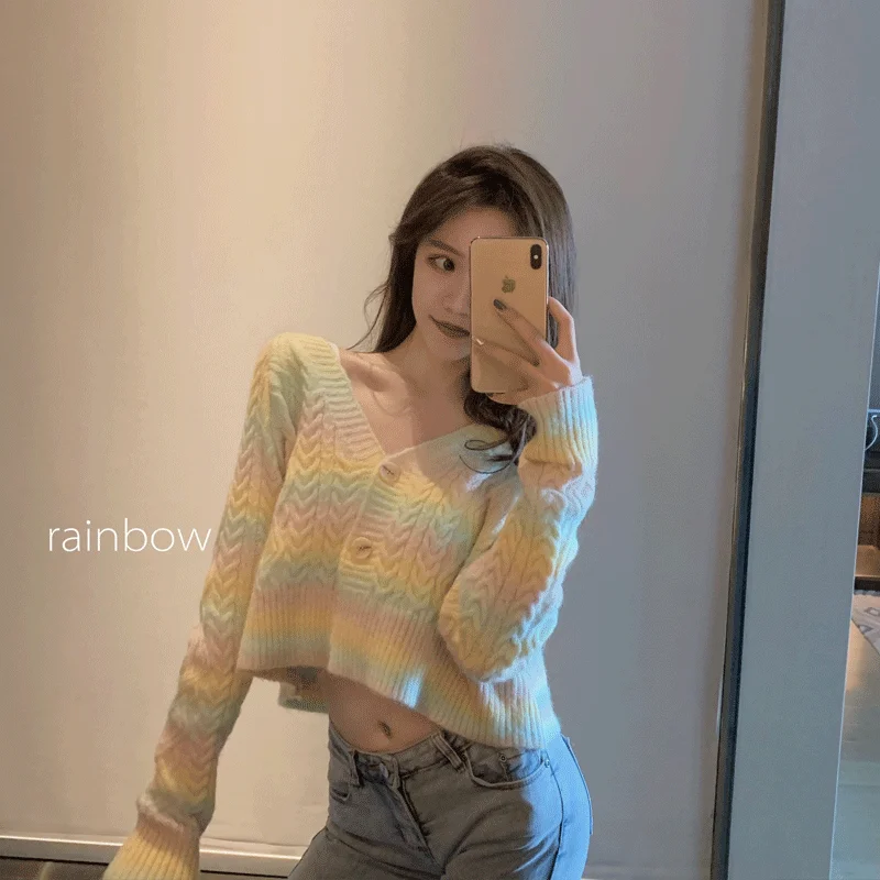 

Crop Cardigan Rainbow Oversized Sweater Coat 2020 New V-neck Single Breasted Short Cardigan Loose Striped Short Knitted Coat