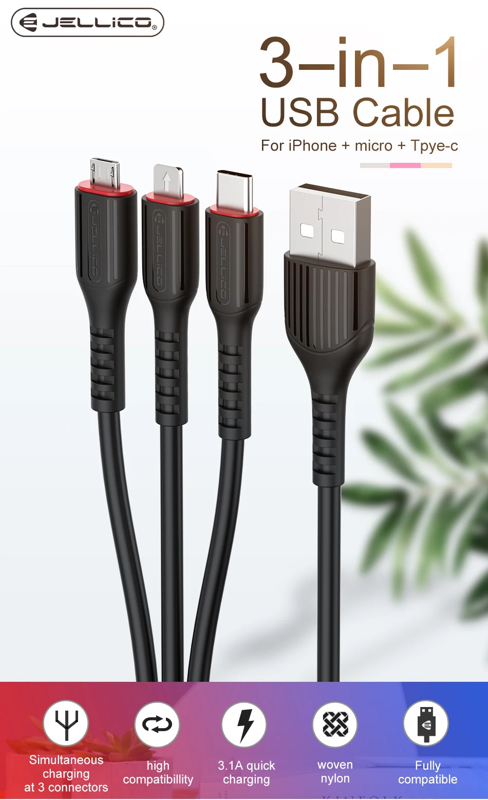 Jellico 3 в 1, USB кабель для iPhone, samsung, Xiaomi, мульти быстрая зарядка, микро USB кабель для мобильного телефона, usb type-C кабель