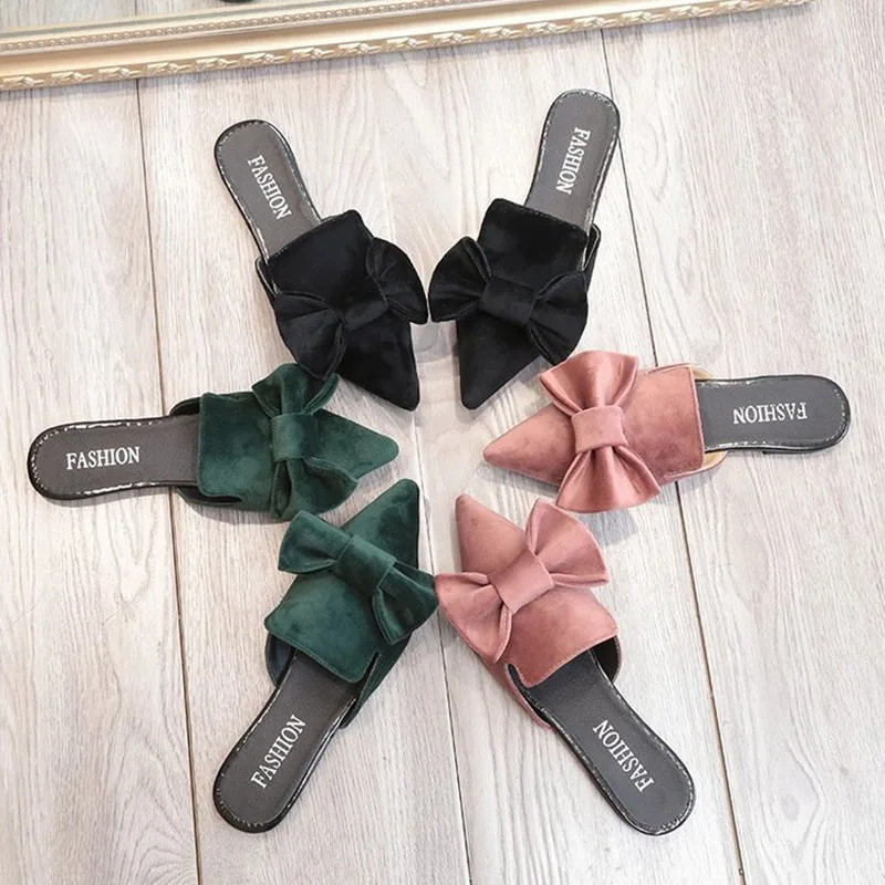 

Mules Shoes Women Bow Pointed Summer Slippers Flat Sandals Flock Casual Slides Outdoor Slippers Women Big Size Casual Shoes