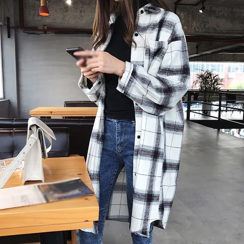 

Women Classic Long Plaid Blouses Vintage Simple Student Korean Style Womens Shirts All-match Casual Harajuku Clothing