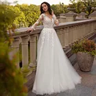 Женское свадебное платье с длинным рукавом, богемное платье-трапеция с корсетом и кружевной аппликацией, платье невесты с V-образным вырезом и шлейфом, 2021