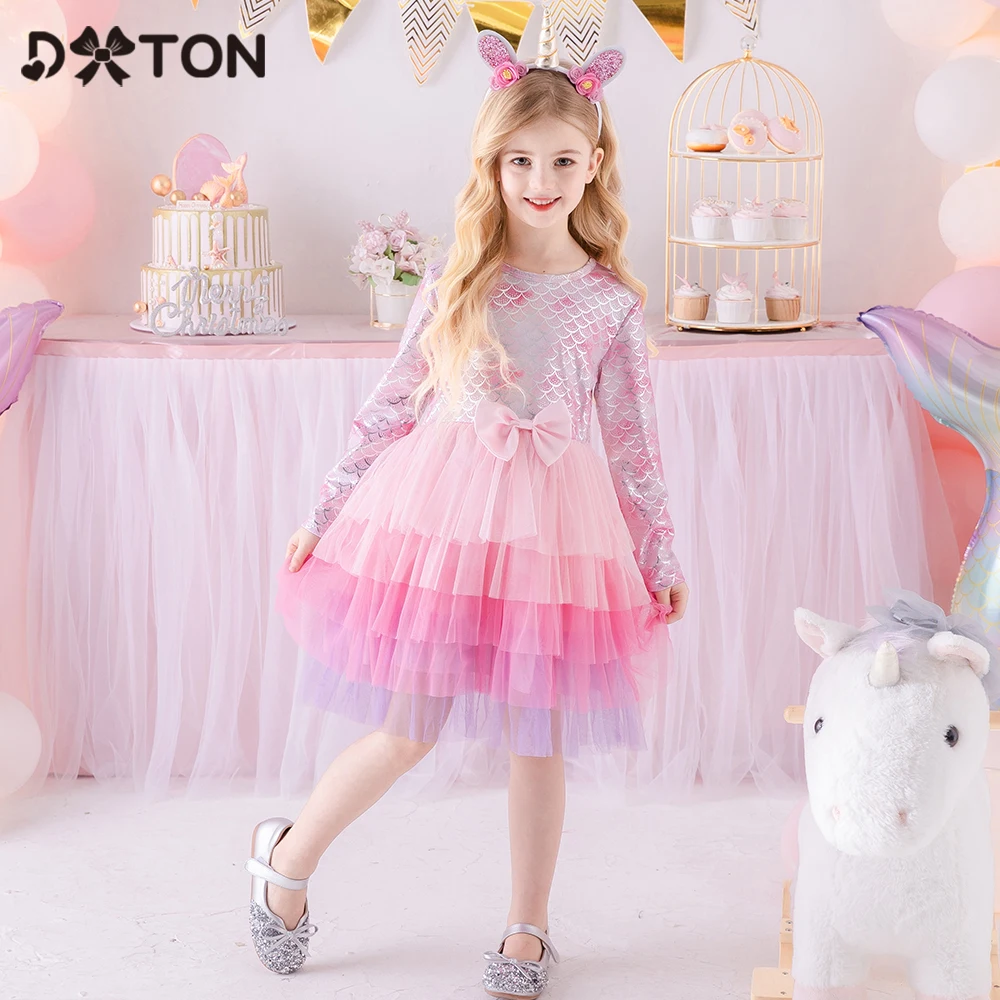

DXTON Princess Girls Dress Long Sleeve Winter Kids Dress for Girls 5 Layers Children Dress With Bow Wedding Party Costumes 3-8Y