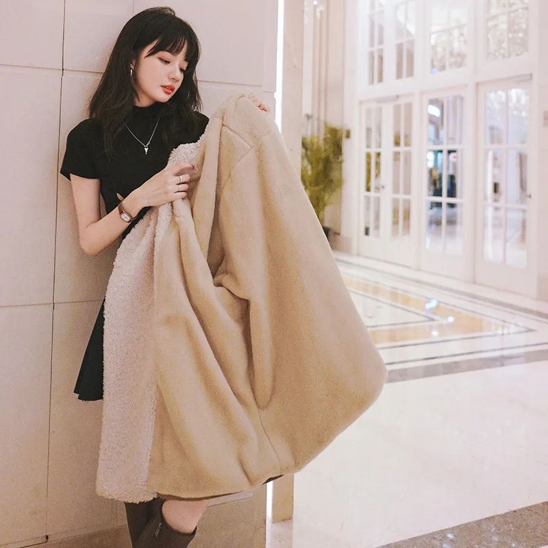 New Mid-length Large Lapel Lamb Wool Coat Tooling Parker Coat Plus Velvet Korean Loose Cotton Coat Women