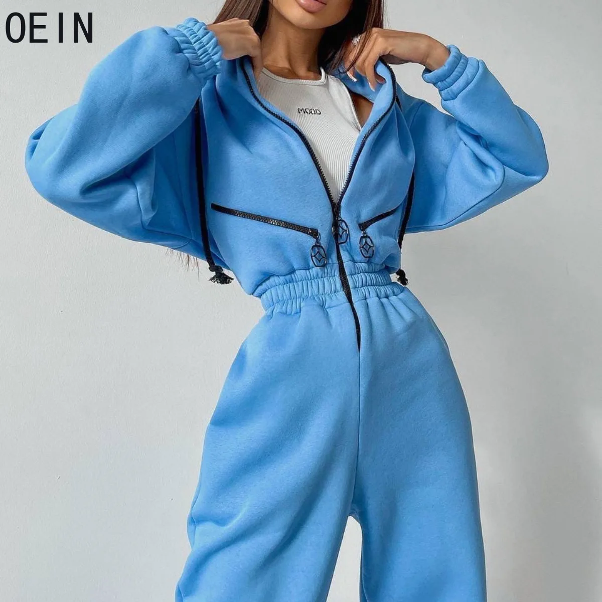 

Autumn Winter New Women Hooded Zipper Jumpsuits Fashion Elastic Waist Straight Pant Female Casual Loose Hoodies Rompers