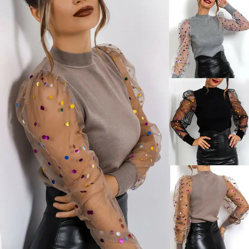 Womens Ladies Puff Mesh Sleeve Tops Pullover Sweater Loose Jumper Blouse | Женская одежда