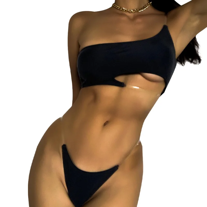 

Solid color hollow single shoulder strap 2021 summer sexy open back split swimsuit women bikini ladies swimsuit beachwear