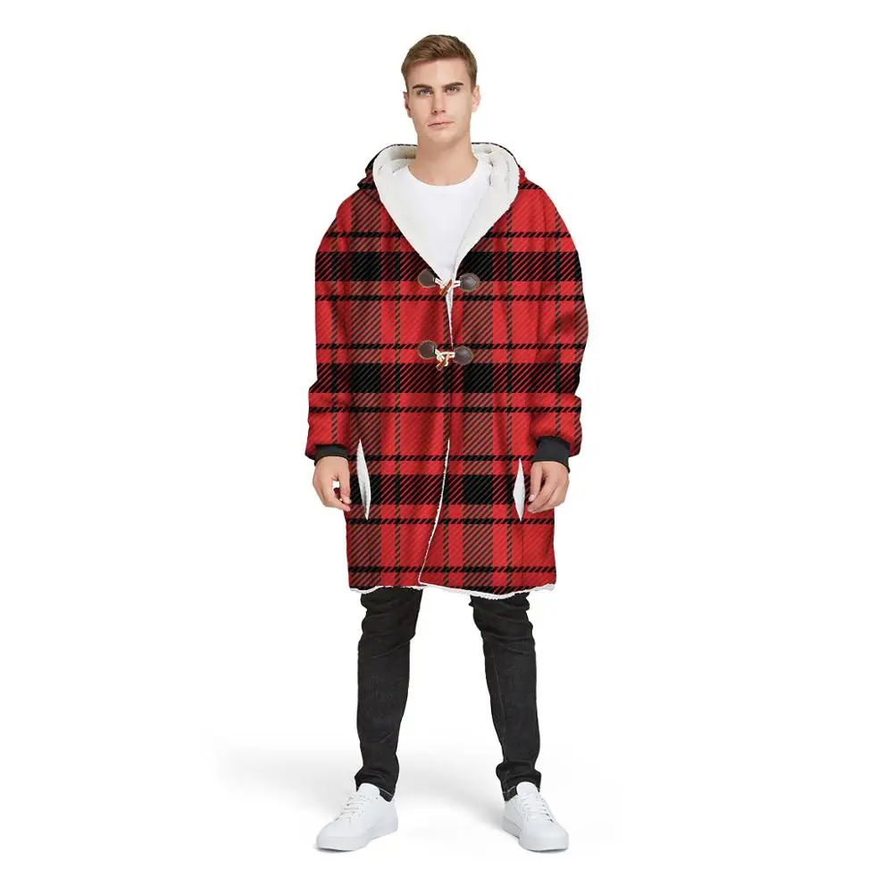 Красная клетчатая серия Флисовое одеяло с капюшоном шерпой плюшевое зимнее