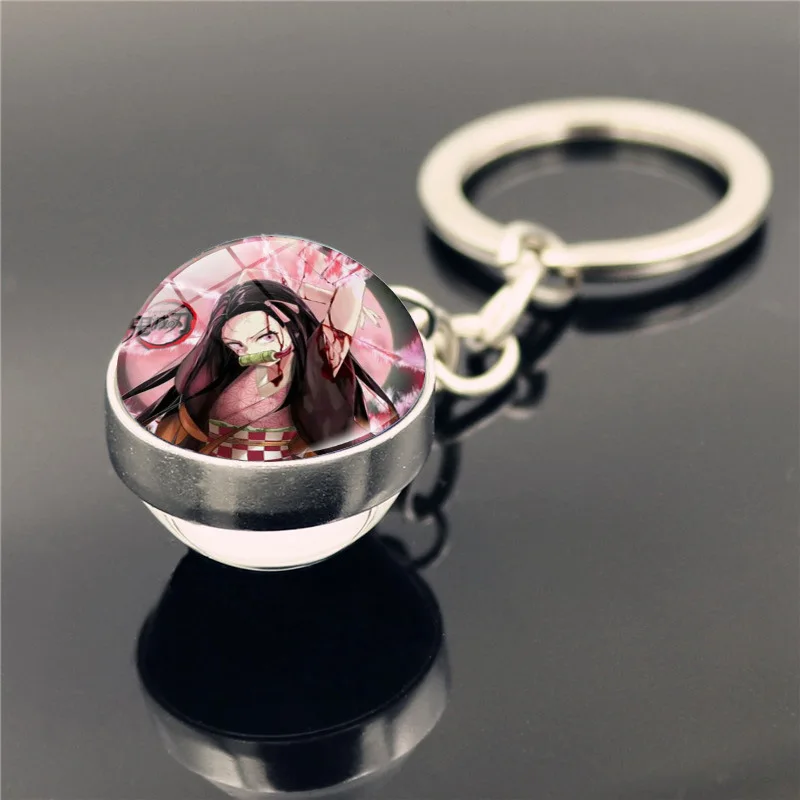 Demon Slayer Keychain Anime Cosplay Kimetsu No Yaiba Kamado Tanjirou Key Ring Double-sided Glass Ball Pendant Accessory Gift