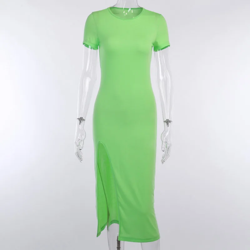

Sexy Side Split Women Dress 2021 Short Sleeve Knee-Length O-Neck Party Ladies Dresses Elegant Solid Casual Pullover Dress