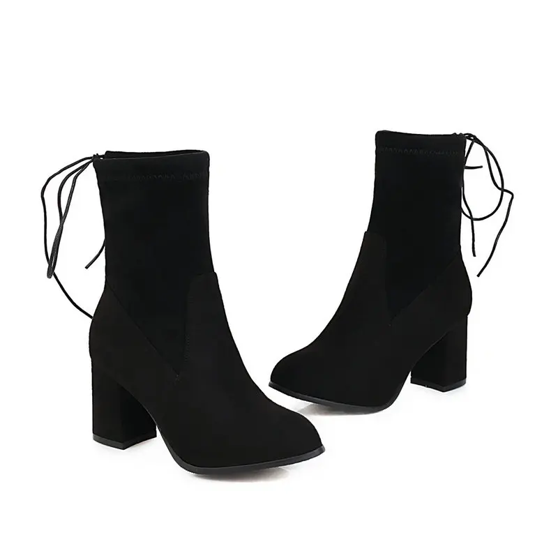 

2021 New Flock Round Toe Casual Ankle Boots Fashion Square High Heel Fashion Concise Autumn Winter Women Shoes Size 34-43