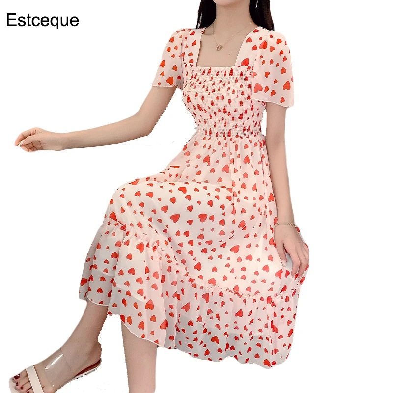 

Sweet Kwaii Waist Slimming Chiffon Dress Women 2020 New Summer Square Collar A line Female Love Print Dress