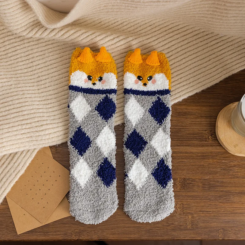 

Cute Animal Design Christmas socks Gift 3D Fluffy Coral Velvet Thick Warm Winter Sock For Women new Year gift Sox
