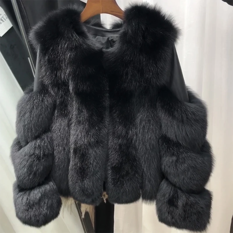 Черный Rf1929 зимнее короткое пальто из натурального Лисьего меха Stlye FluffyReal, натуральная кожа, натуральный мех, куртка с длинным рукавом, женские пальто из натурального меха - Цвет: Черный