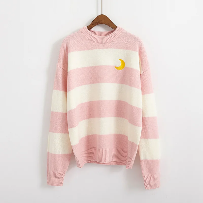 

Women's Sweaters Kawaii Ulzzang College Candy Color Stripes Moon Sets Embroidery Sweater Female Harajuku Clothing For Women Lady