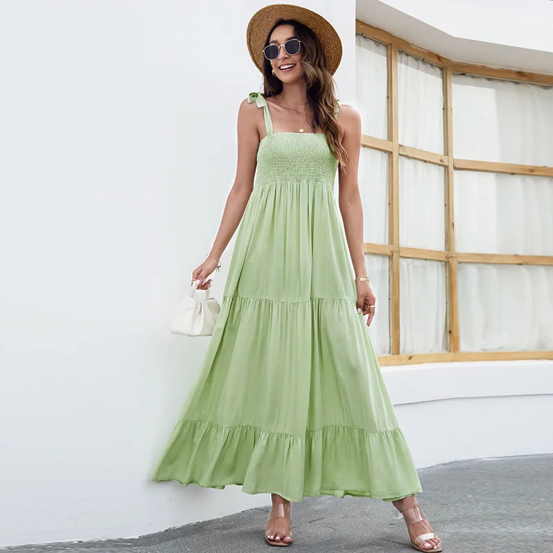 

Women Dresses Summer 2022 New Spaghetti Strap Bowtie Lace Up Casual Vestidos Midi Large Swing Patchwork Camisole Dress