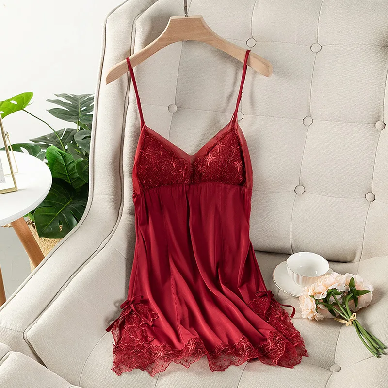 

Female Spaghetti Strap Nightgown Sexy Lace Trim Suspender Nightdress Satin Sleepdress Soft Lounger Intimate Lingerie Sleepwear