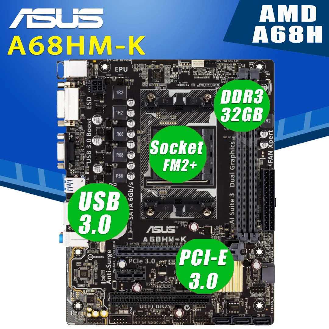 Разъем FM2/FM2 + Asus A68HM-K системная плата AMD A-series/ Athlon Series процессор PCI-E 3 0 DVI A68H Placa-мама