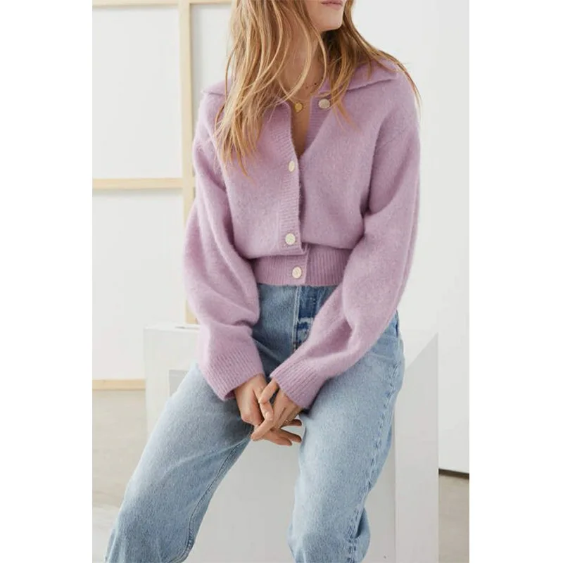 

Женский свитер, осень 2021, фиолетовый лацкан альпака, короткий вязаный кардиган, куртка, Женский Топ