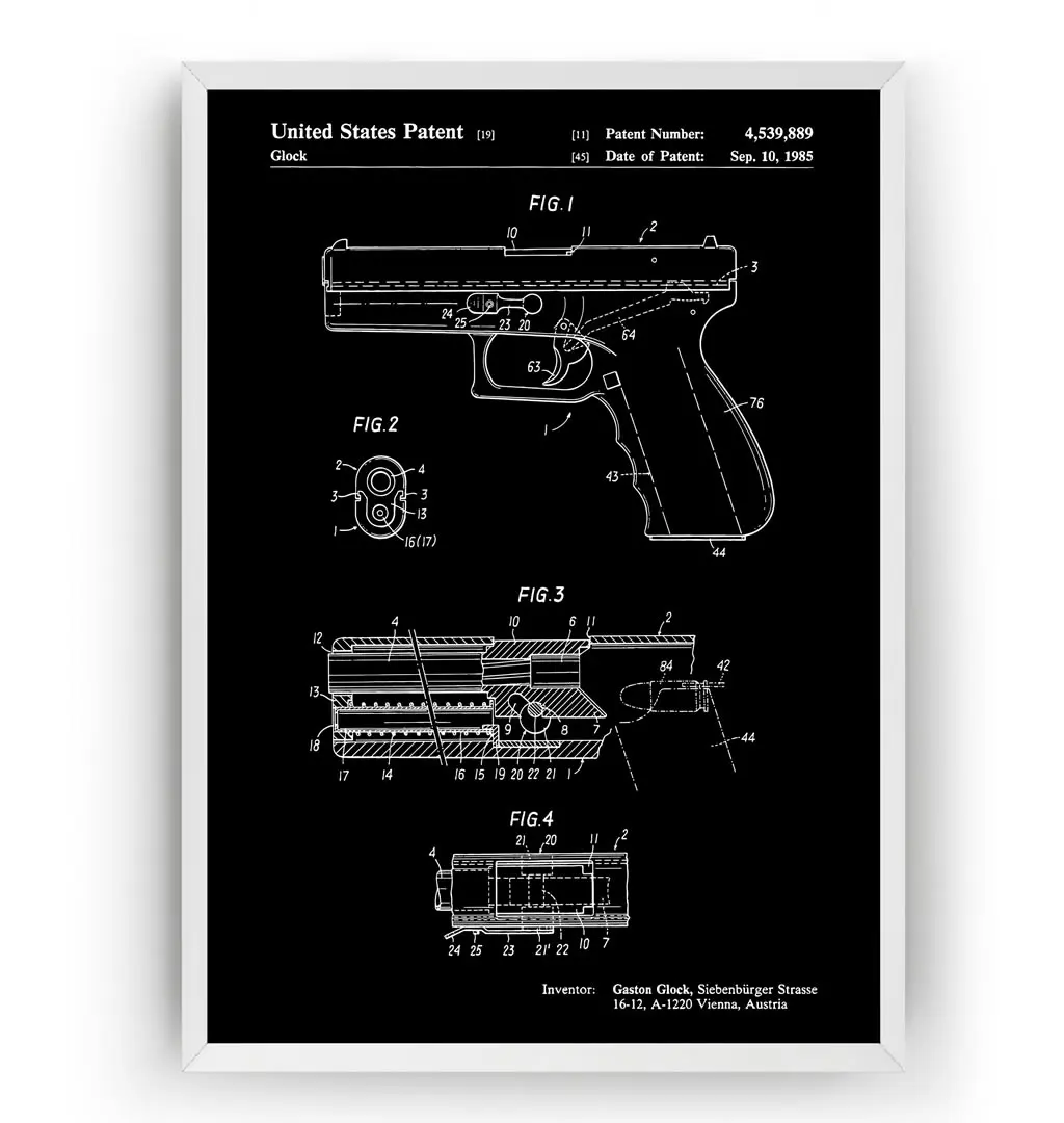 Винтажный патентный пистолет Glock 1985 настенный военный каркас плакат холст печать