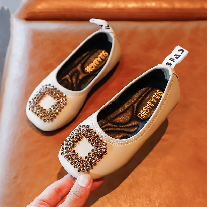 

Children's 2022 Spring Leather Shoes Girls Fashion Diamond Princess Asakuchi Sneakers Non-Slip Kids Single Dance Shoes XZ167