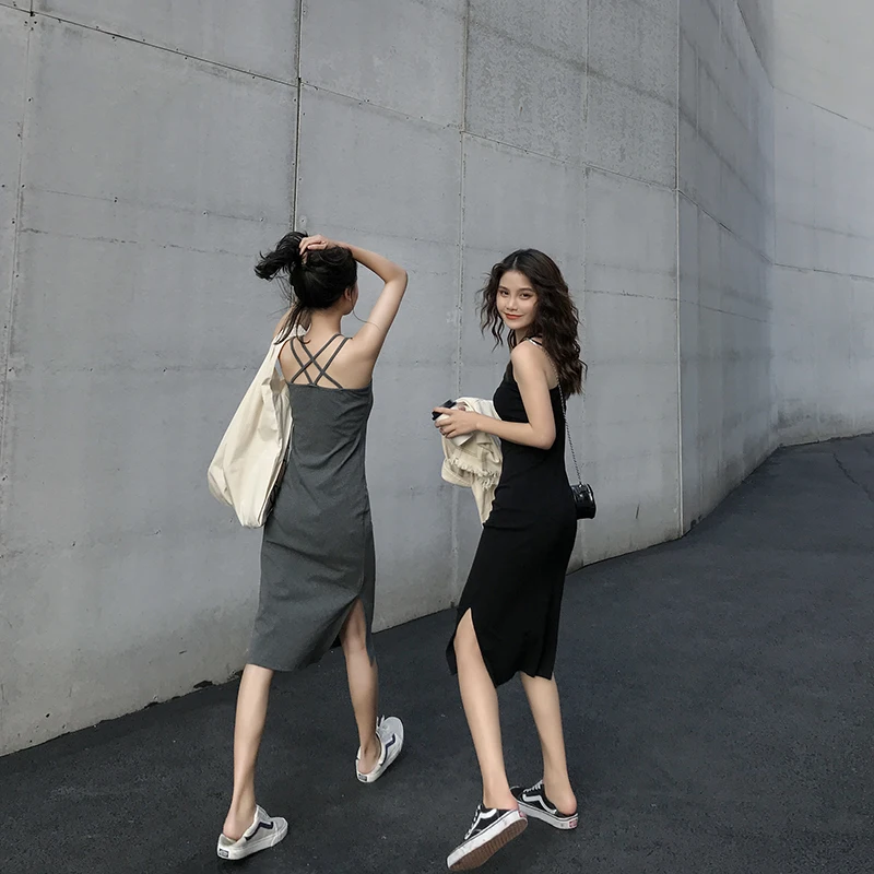 Летнее женское платье сарафан 2020 черное с разрезом по бокам длинное осеннее